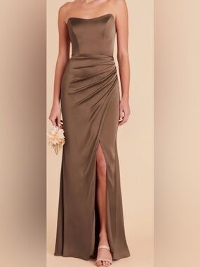 Birdy Grey Brown Satin Maxi Dress with Side Draping